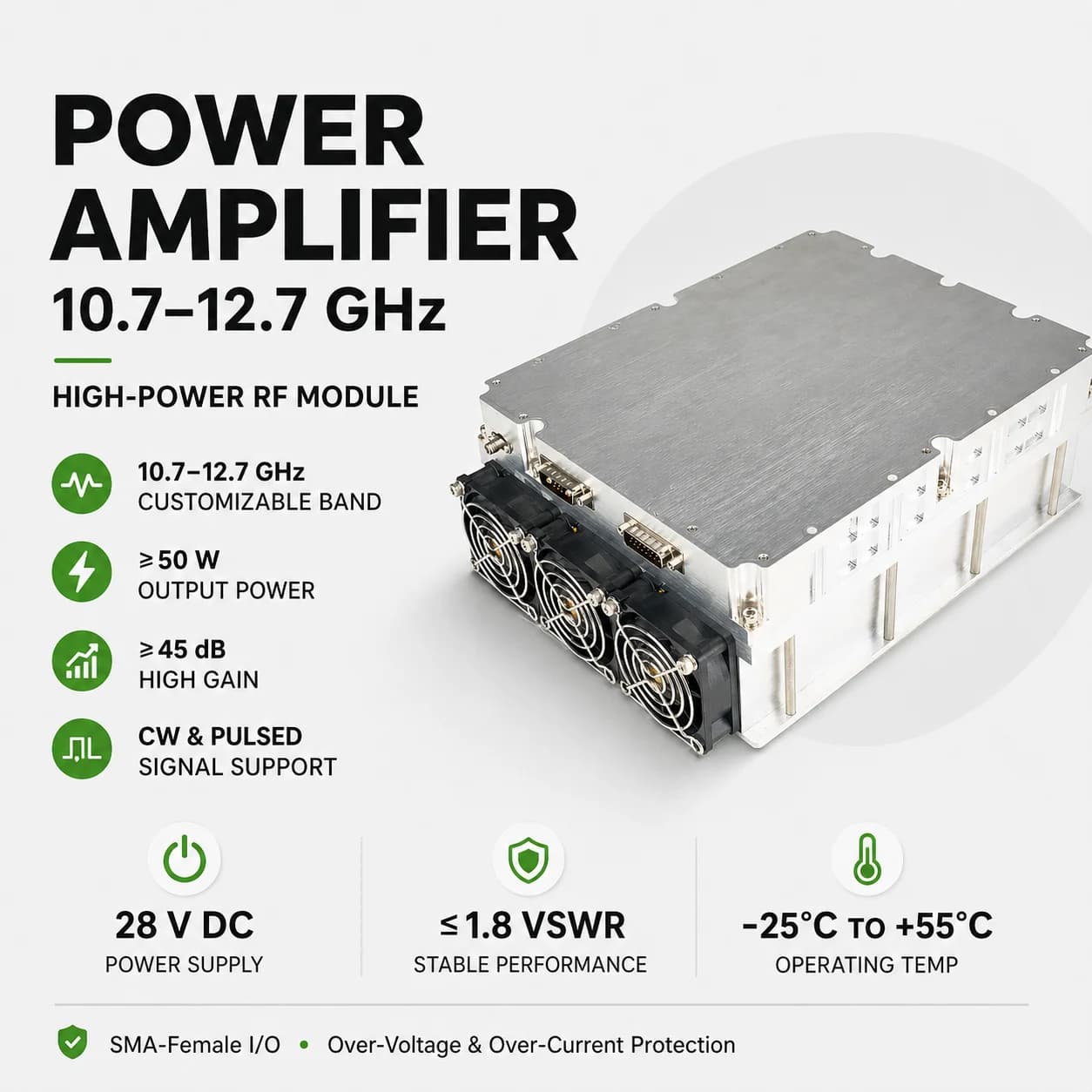 Modulo Amplificatore 50W 100W 10.7G-12.7G per Sistemi UAV e Robot, Dispositivo di Schermatura UAV, Amplificatore RF a Banda Larga, Modulo di Difesa Drone