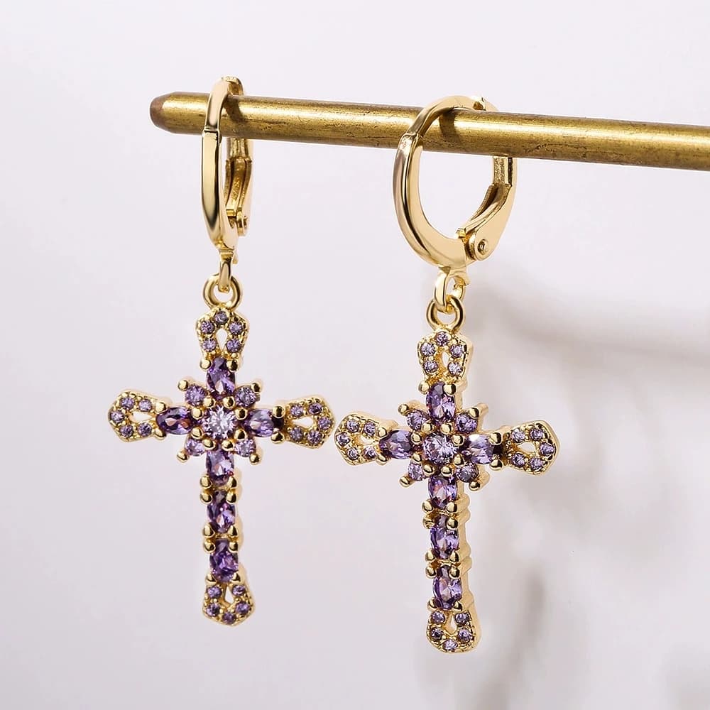 Orecchini a cerchio con ciondolo croce zircone verde fortunato nero bianco blu per le donne Gioielli da sposa con fibbia per orecchio femminile color oro