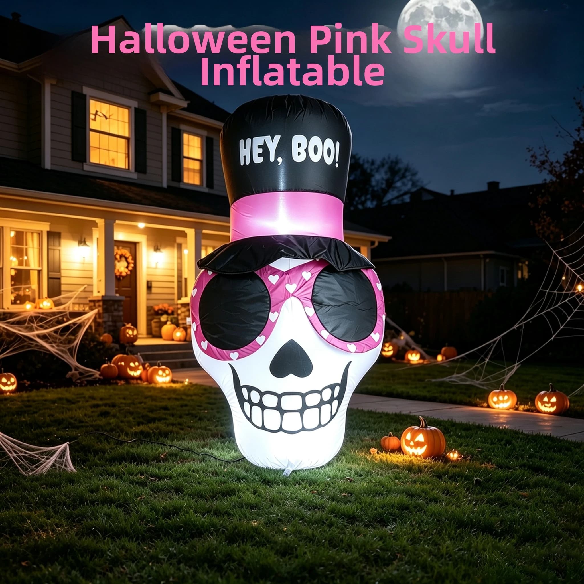 Pink Skull Wear Sunglasses Halloween Inflatable Decoration LED Light Blow Up Model for Home Patio Halloween Party Holiday