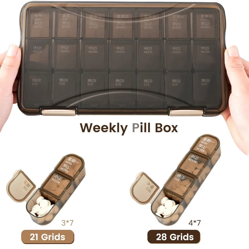 1 weekly pill holder (7 days), vitamin organizer, 2 times a day AM/PM, removable trays, large buttons compartments, without BPA