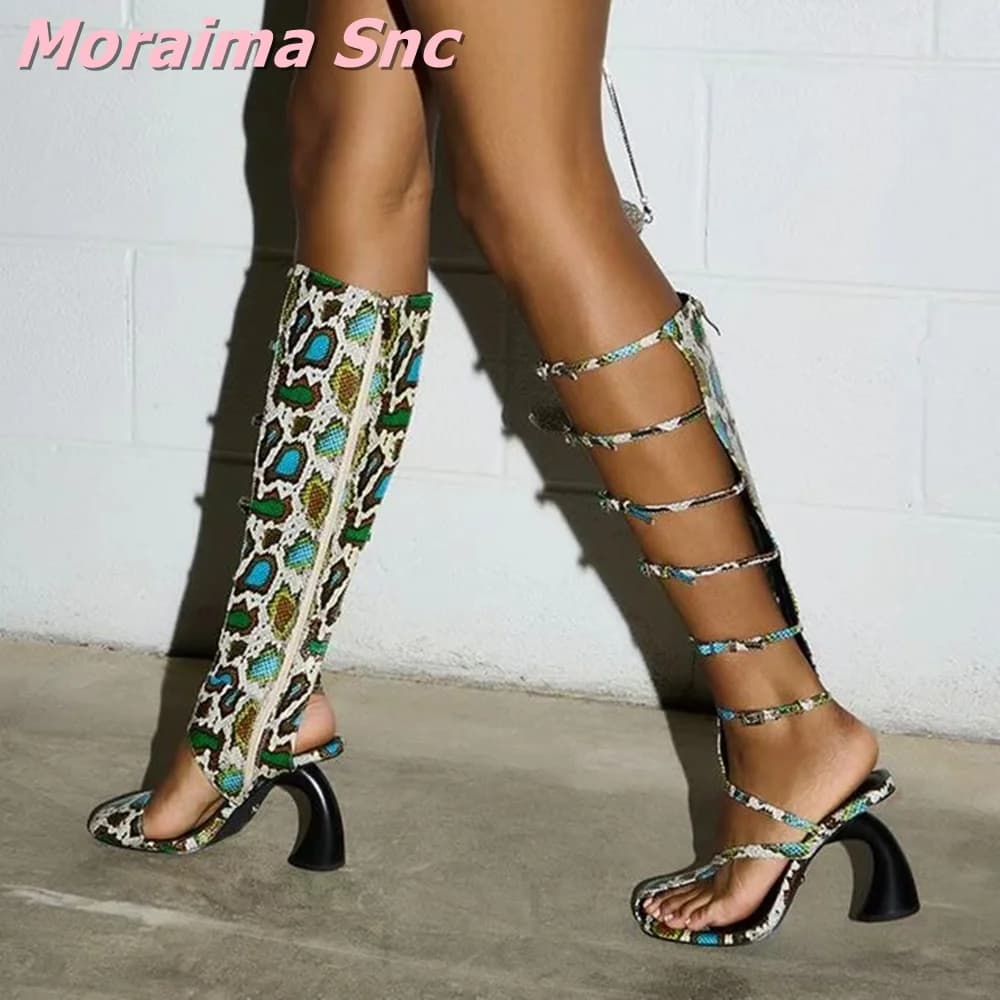 Sandals with strap with buckle for belt pattern python Boots with high heel Open tip Long summer boots for women fashionable sexy