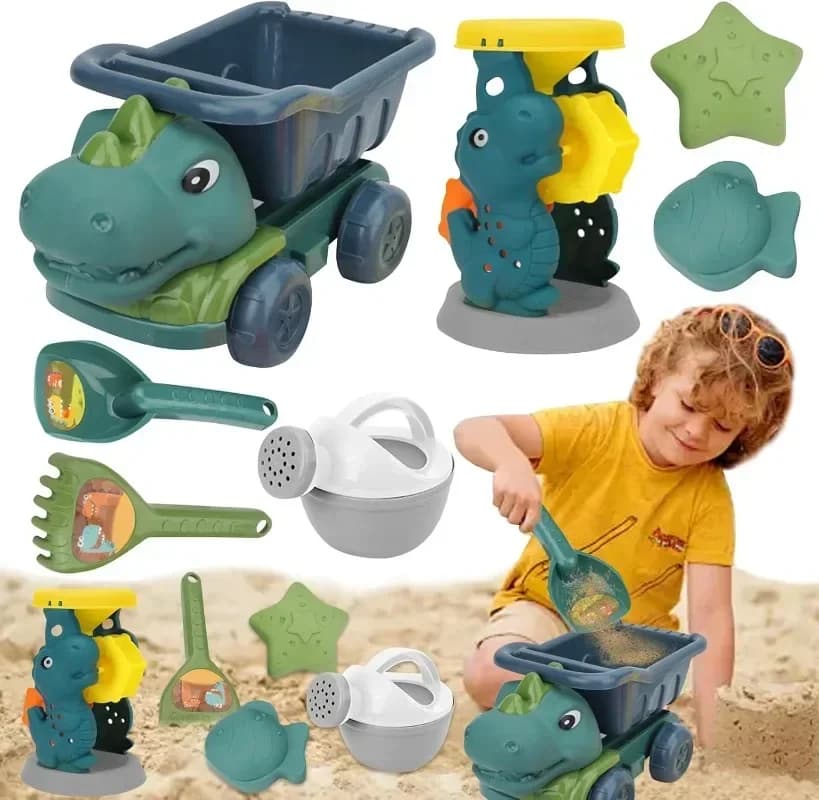 Set di auto e pala giocattolo da spiaggia: giocattoli di sabbia a tema dinosauro con draga a clessidra, divertente kit di attività da spiaggia per bambini dai 3 ai 8 anni