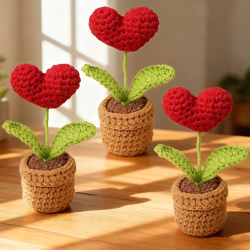1-3 pezzi di vaso di fiori lavorato a maglia fatto a mano pianta finta a forma di cuore rosso Natale San Valentino regalo per la festa della mamma decorazione della tavola di casa