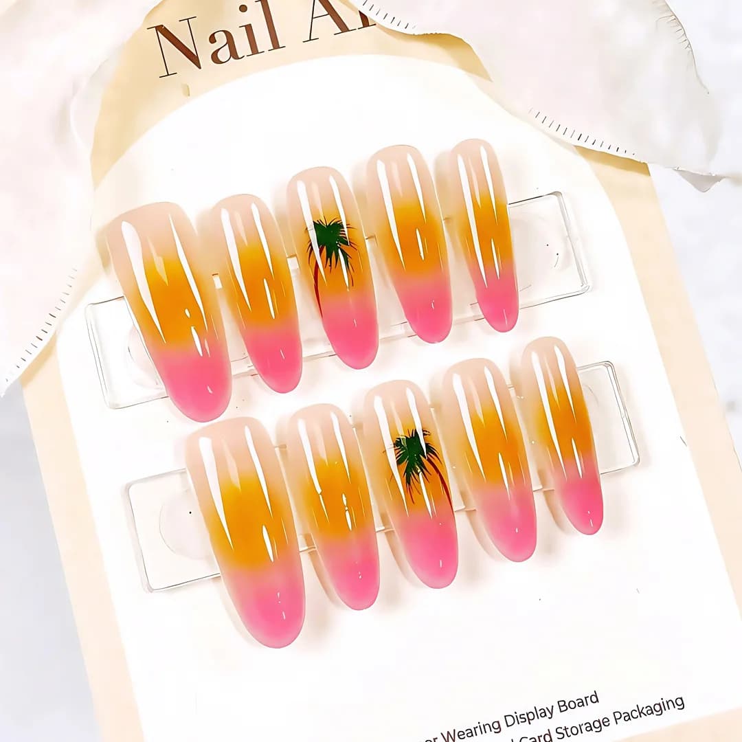 10 pieces summer print on nails hawaiian coconut tree handmade detachable pink shaded woman nails fake artistic tips
