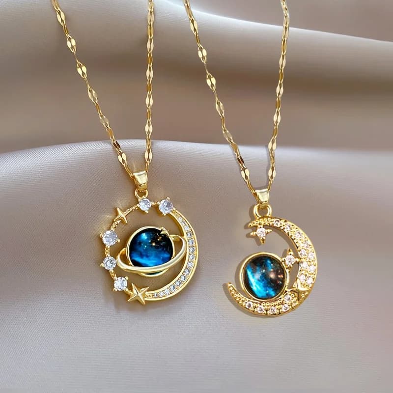 2PCS Starry Moon Pendant Necklace Fashion Artificial Diamonds Star Pendant Collarbone Necklace Women Jewelry Gifts