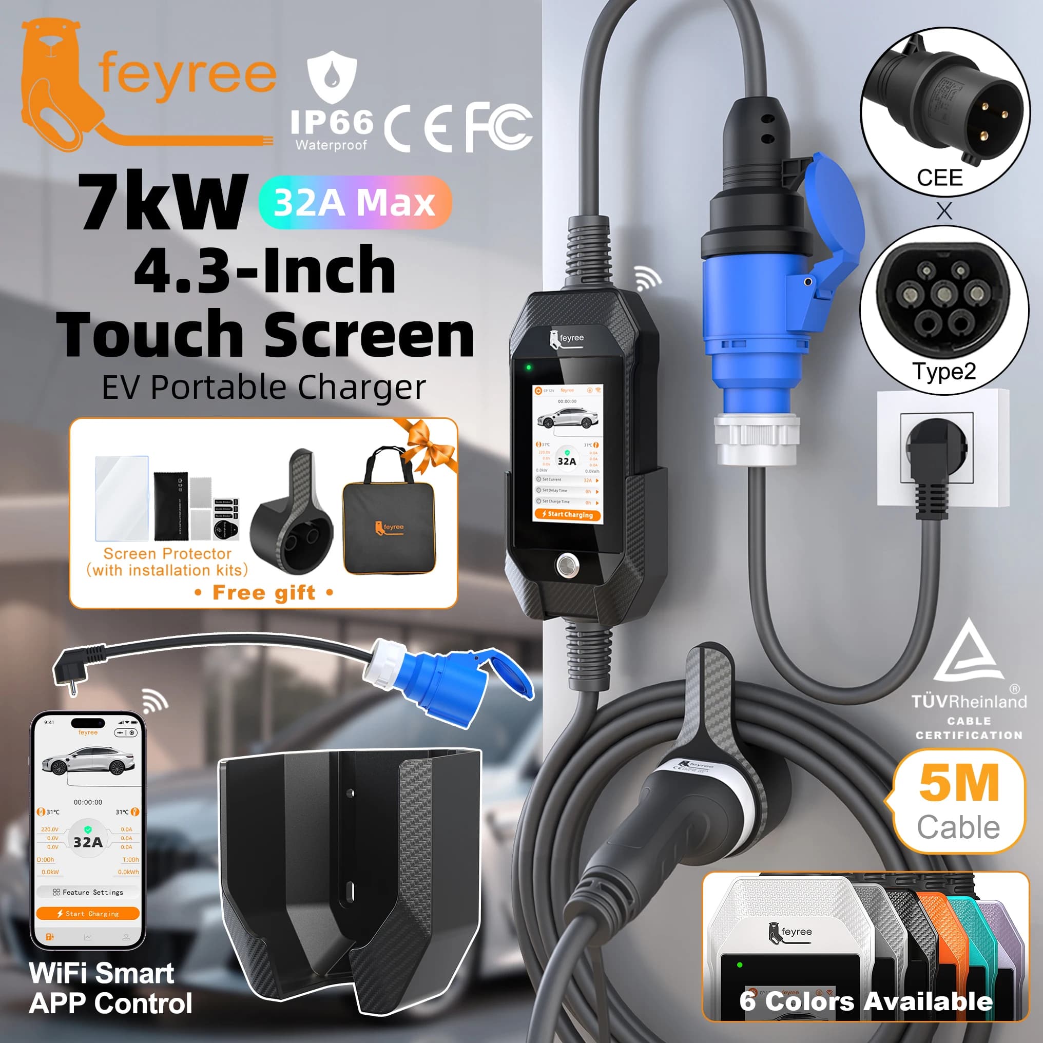 feyree Touch Screen da 4,3 pollici Caricatore portatile EV da 7 kW Type2 Spina di ricarica con caricatore domestico AC Smart Wifi APP Design professionale