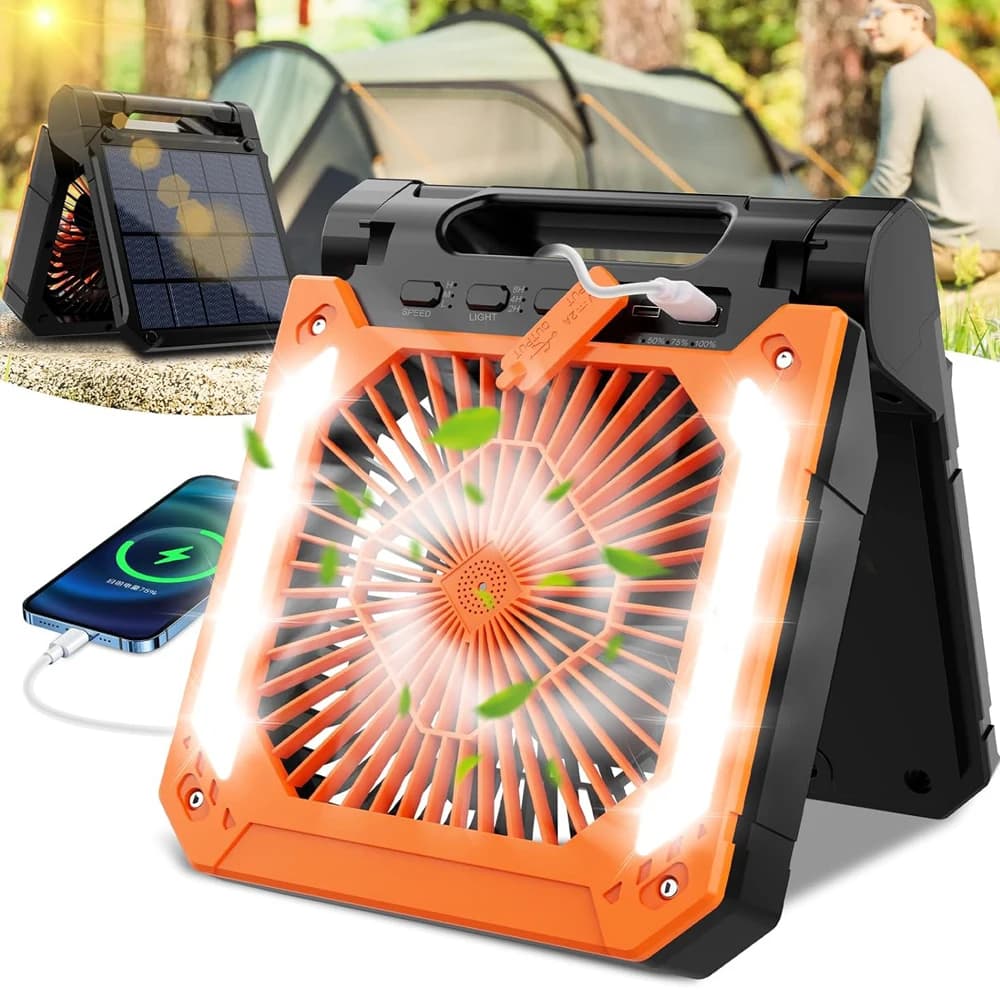 Portable Rechargeable Table Fan with Solar Panel Powered & Led Lantern & Hook,USB Charging Fan for Household Camping Fishing