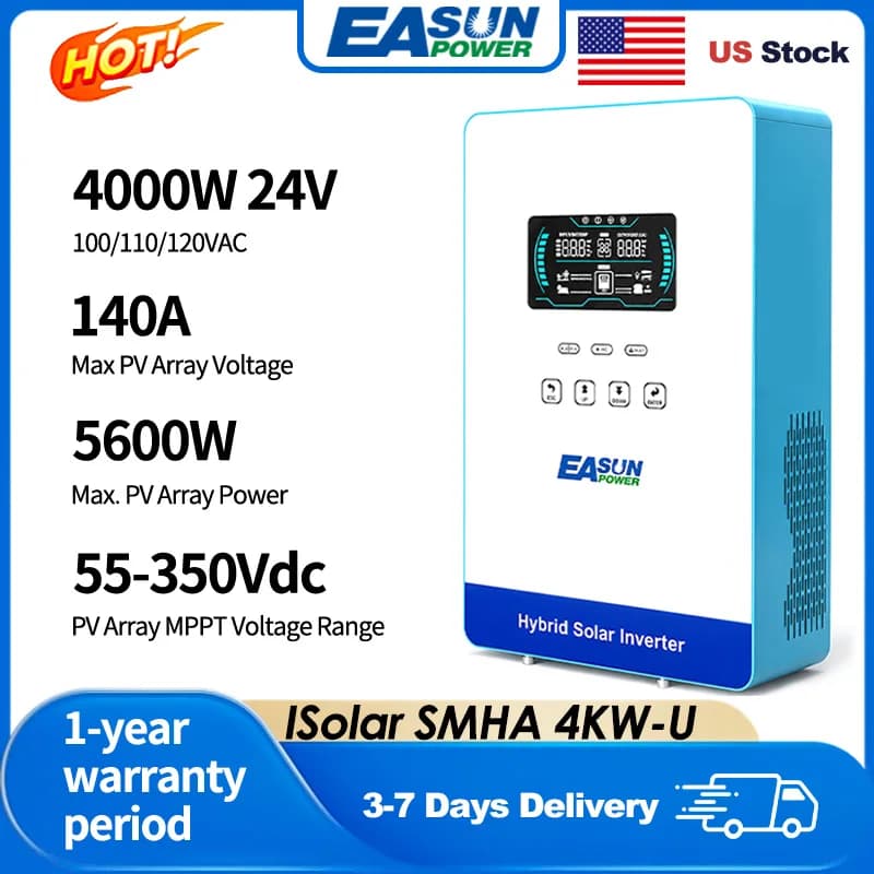 EASUN POWER Inverter Ibrido Off-Grid 4KW 110V 5600W 24V 140A MPPT Inverter Solare a Onda Pura con LCD da 6,25 Pollici