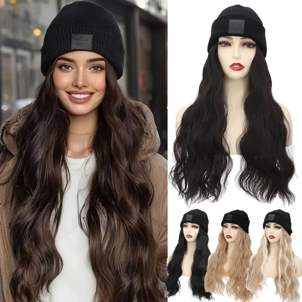 S-noilite Synthetic Hairdress Berretti Hairdress with Hair Wigs for Women Smooth short hair Hot knitted plush Autumn Winter Cap