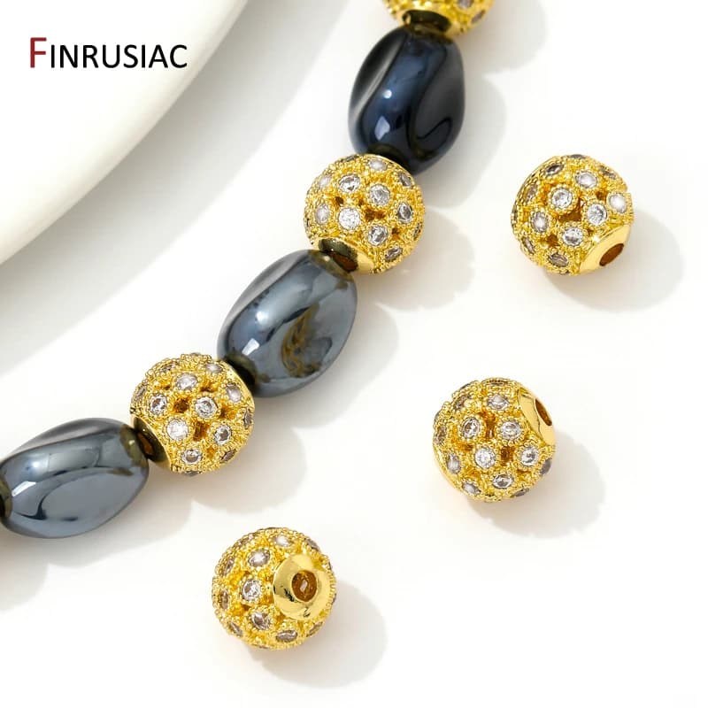 Perline rotonde cave in ottone placcato oro 18 carati, perline a sfera da 8 mm, perline distanziatrici in zirconi intarsiati per braccialetti fai da te, accessori per la creazione di collane