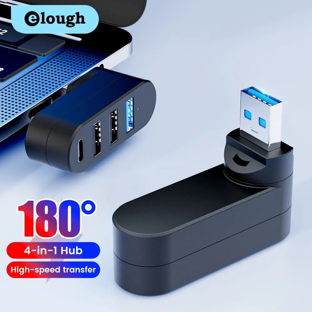 Elough Mini 180 ° Hub USB 3.0 2.0 ruotabile a 4 porte Tipo C Trasferimento dati ad alta velocità Adattatore splitter disco U per laptop MacBook PC