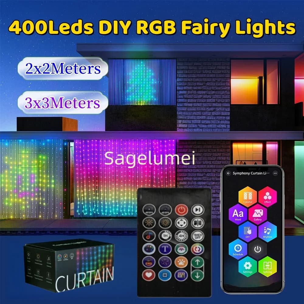 400LED Luci Della Stringa Tenda Intelligente RGBIC Luce Bluetooth APP di Controllo per Matrimonio Natale Fata Illuminazione Decorazione FAI DA TE WS2812B