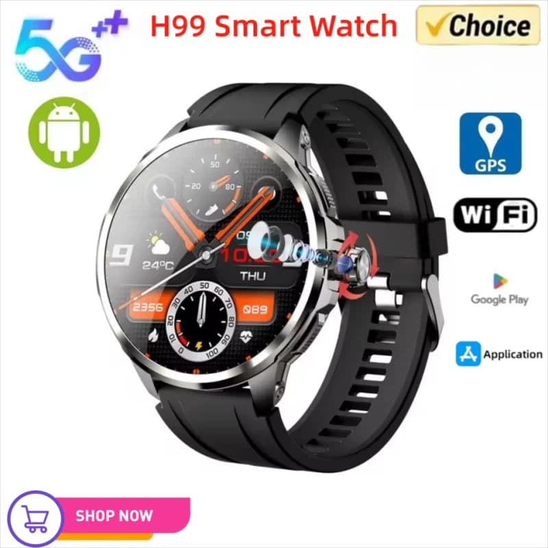 Orologio intelligente H99 5G LTE Android 10.0 190 ° Inserto per telecamera rotante Scheda SIM App Google Play Scarica GPS WIFI Frequenza cardiaca Smartwatch