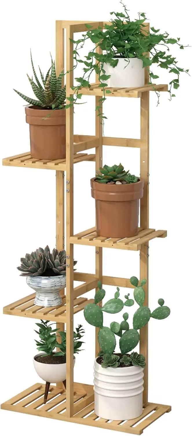 Exhibitor for Plants at 5 levels in Bamboo with 6 Vases, Shelf for Interior and Exterior for Garden, Patio, Living Room