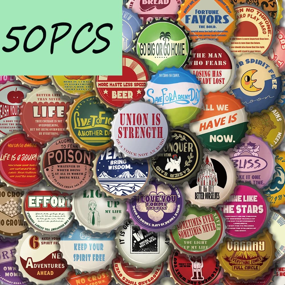 50 creative bottle cap stickers, suitable for decorating notebooks, helmets, bottlenecks, waterproof PET stickers