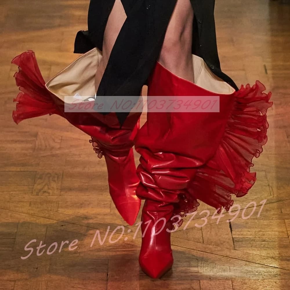 Ruffles Tulle Slouchy Sock Style Boots Women's Stiletto Heels Toe Top Boots Knee Boots Women's Pista Footwear Fashion Retro
