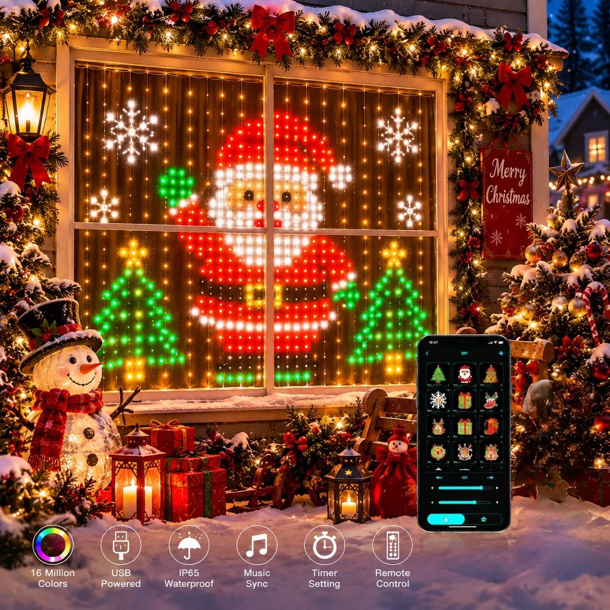 LED Christmas Curtain Lights Color Changing Bluetooth App Control Indoor Holiday Party Home Decor