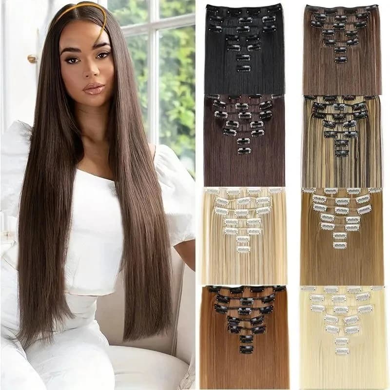 24 inches synthetic 7 pcs/set long straight hair extension 16 clip hairstyle black blonde wig for women 2026