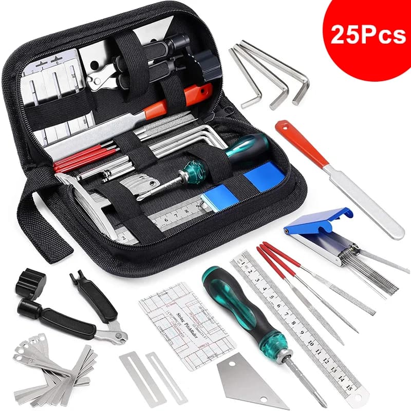 Kit di strumenti per chitarra da 25 pezzi Kit di installazione per strumenti di riparazione per chitarra con borsa per il trasporto per chitarra Ukulele Strumento di manutenzione per basso Kit di strumenti per liutaio