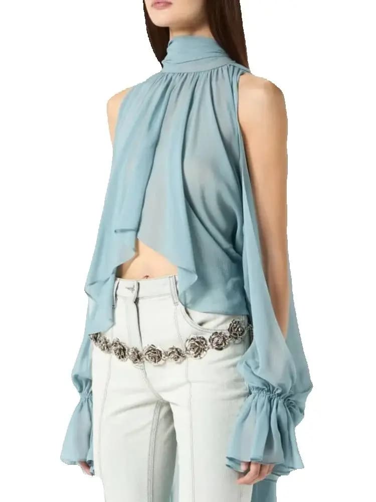 Layered shirts with volant and wide translucent sleeves 2025 summer women's vintage 2025 Layered shirts with high collar in elegant women's chiffon