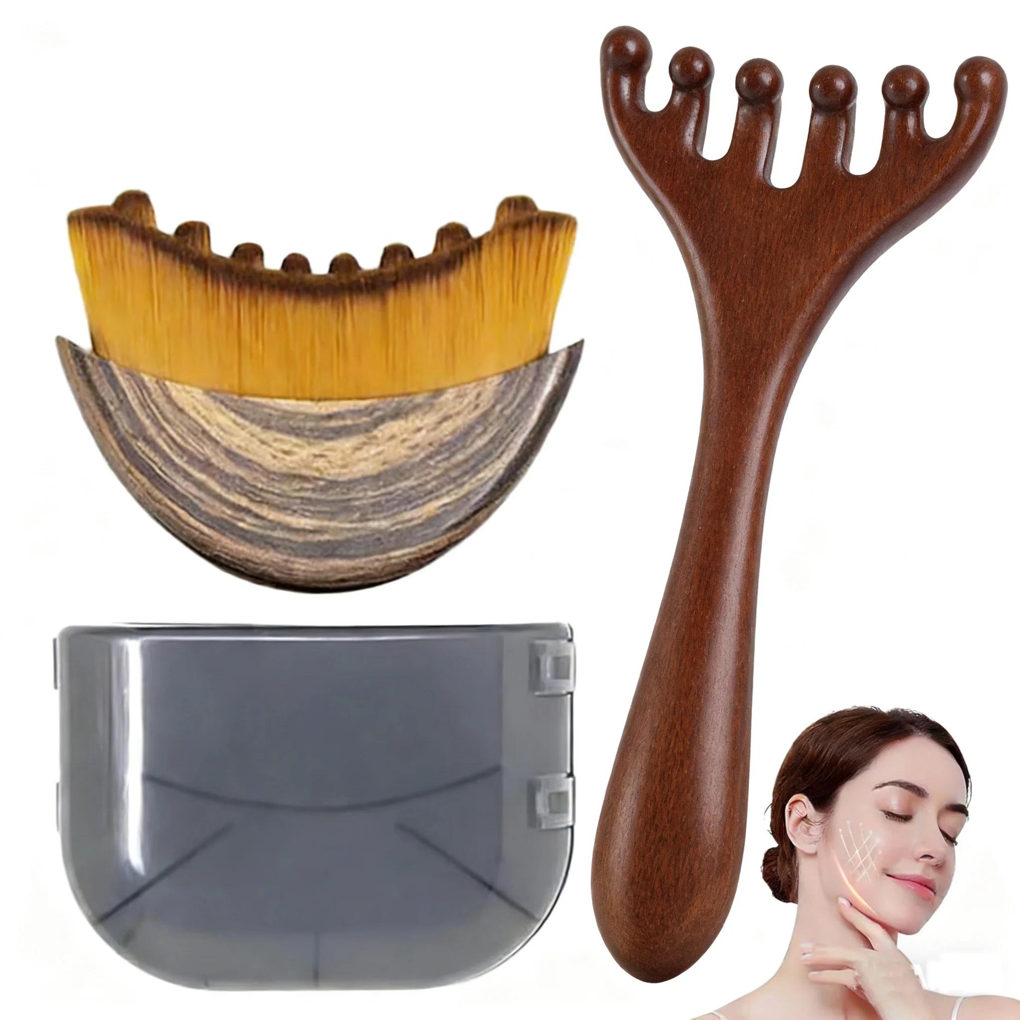 Spazzola per la Contorno del Viso e Pettine Massaante in Legno per Meridiani, Antistatico a 6 Denti, Massage for Draining and Modeling of the Mascella Line, for Face and Head