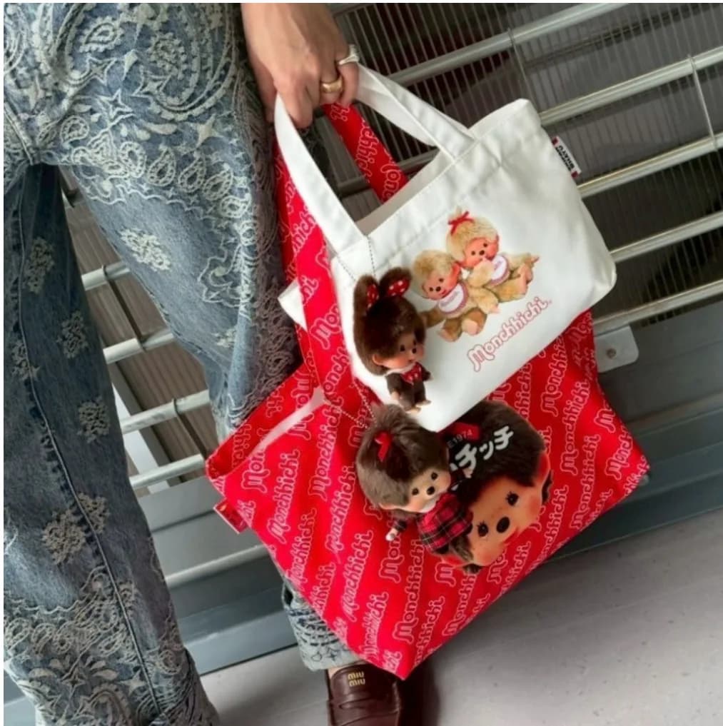 Monchichichi canvas bag with Japanese cartoons, Korean and Thai, multipurpose casual bag, large capacity tote bag, mother's bag