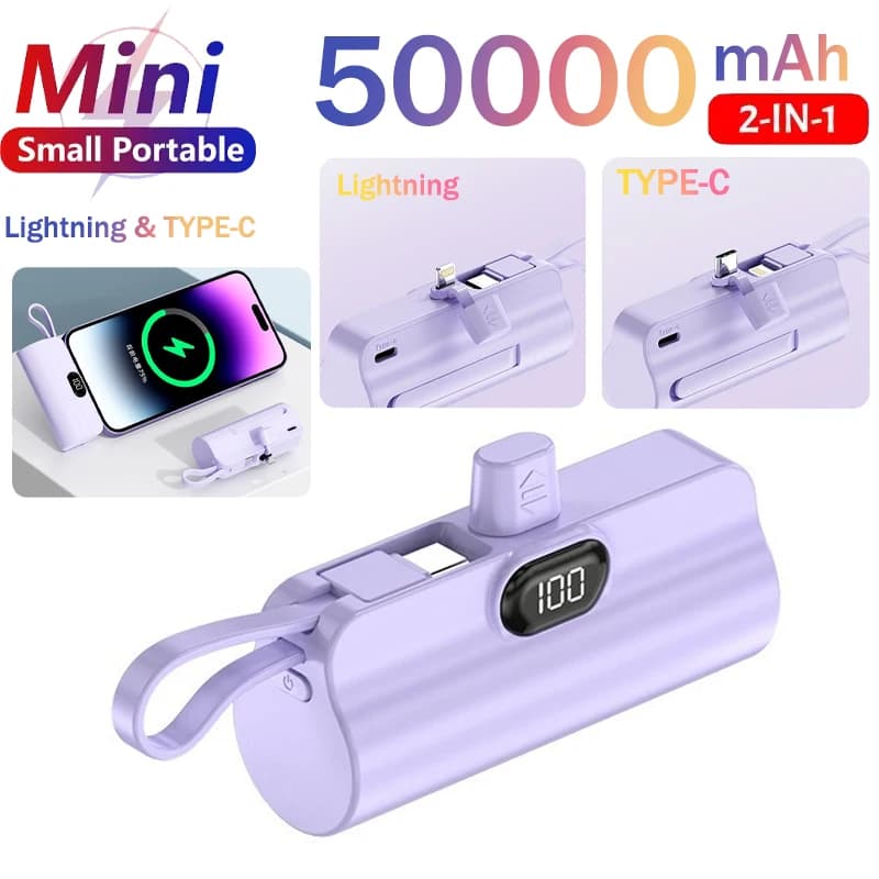 50000mAh Mini Power Bank Portable Charger Capsula Powerbank External Replacement Battery Type-C Plug for Iphone Samsung HUAWEI Xiaomi