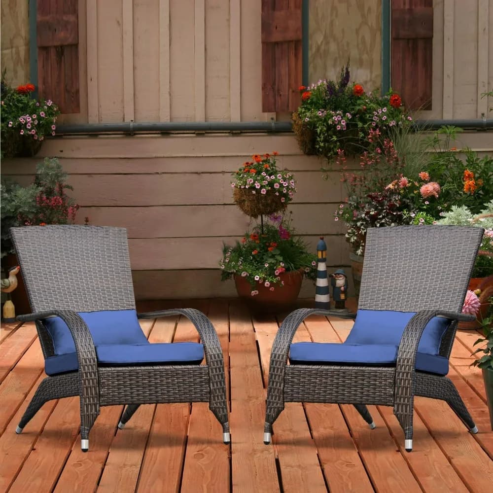 Adirondack outdoor wicker chairs Set 2 rattan brazier chairs Oversize comfortable garden chairs with relaxation accent with soft low pillow De