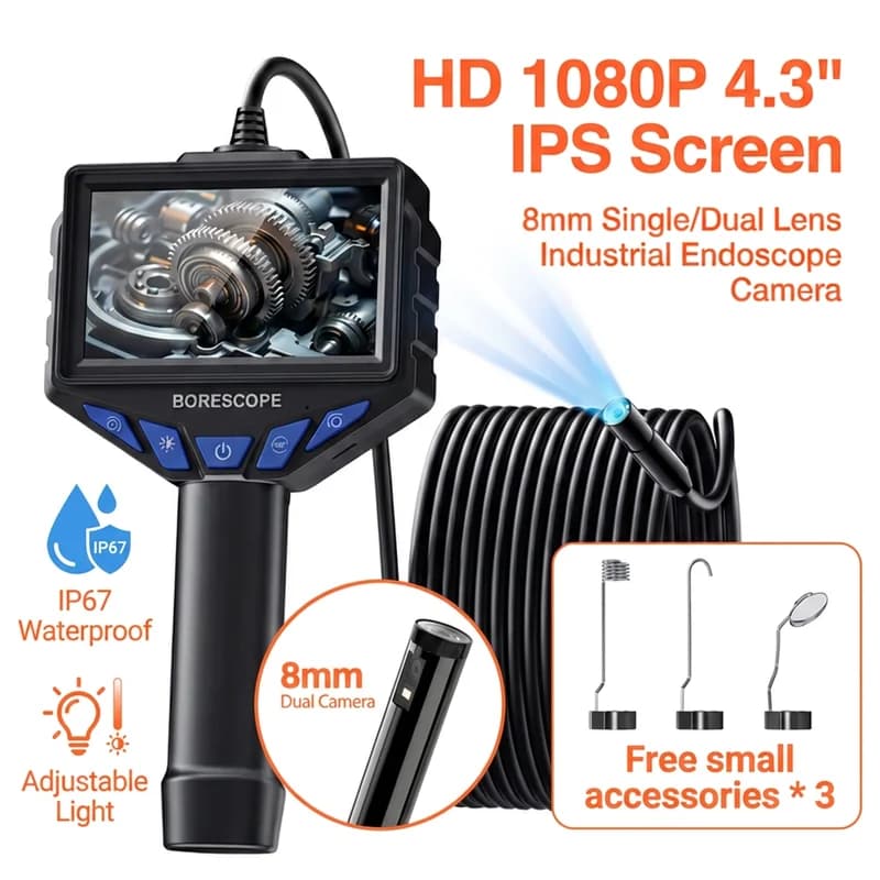 1080P HD Endoscopic Camera with 4.3 Inch IPS Screen, 8 LED Lights, IP67 Waterproof, for Car Inspection, Tubes and Motors