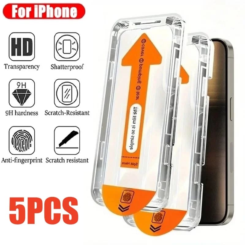 5 pcs Ultra HD 8K dust-free screen protection for iPhone 17 16 15 14 13 12 11 Pro Max 16e Plus 17 Air Glass easy installation box
