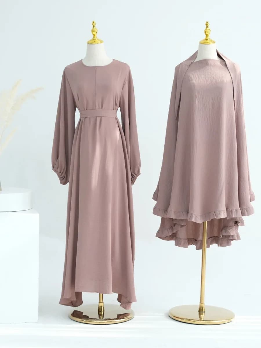 Eid Muslim Dress with Khimar Set 2 pieces Women Party Abaya Morocco Ramadan Lace-up Caftano Islam Dubai Arab Long Dress 2024 Spring