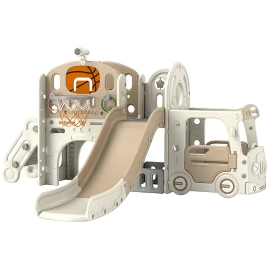 Scivolo per bambini 9 in 1 Scivolo per interni per bambini dai 16 anni Scivolo per bambini a tema auto con canestro da basket Scalatore Spazio di archiviazione Anello Lancio Telesc