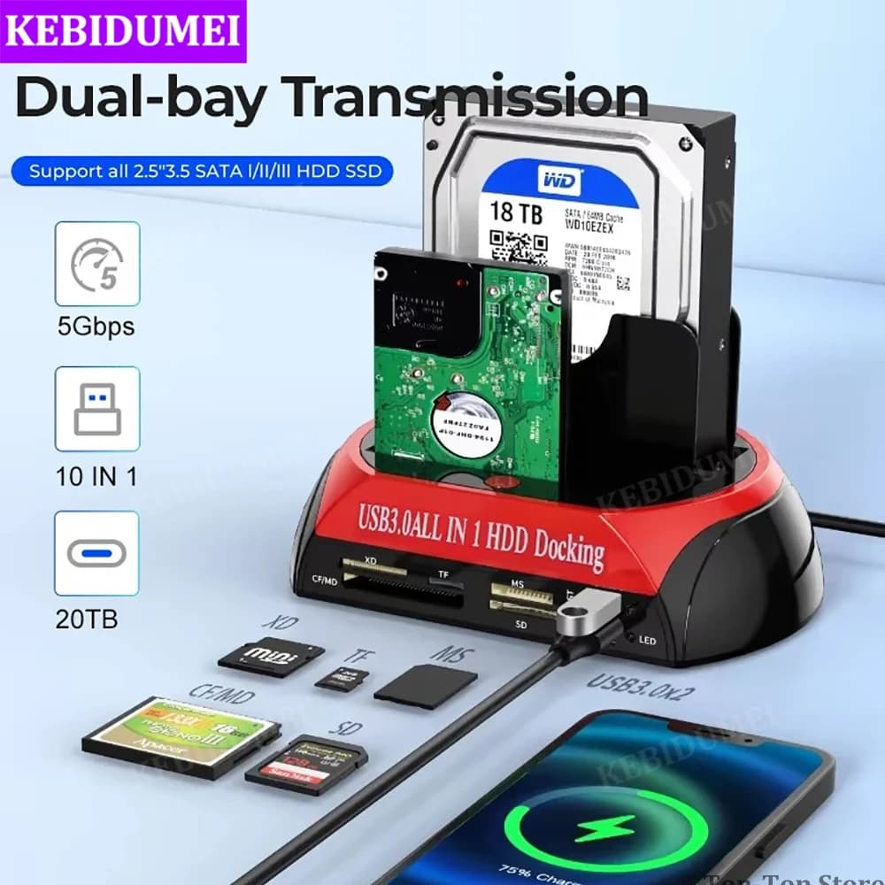 Docking station per disco rigido dual-bay 10 IN 1 USB 3.0 5Gbps HDD con adattatore di alimentazione 12V 3A per scheda HDD/SSD TF da 2,5/3,5 pollici