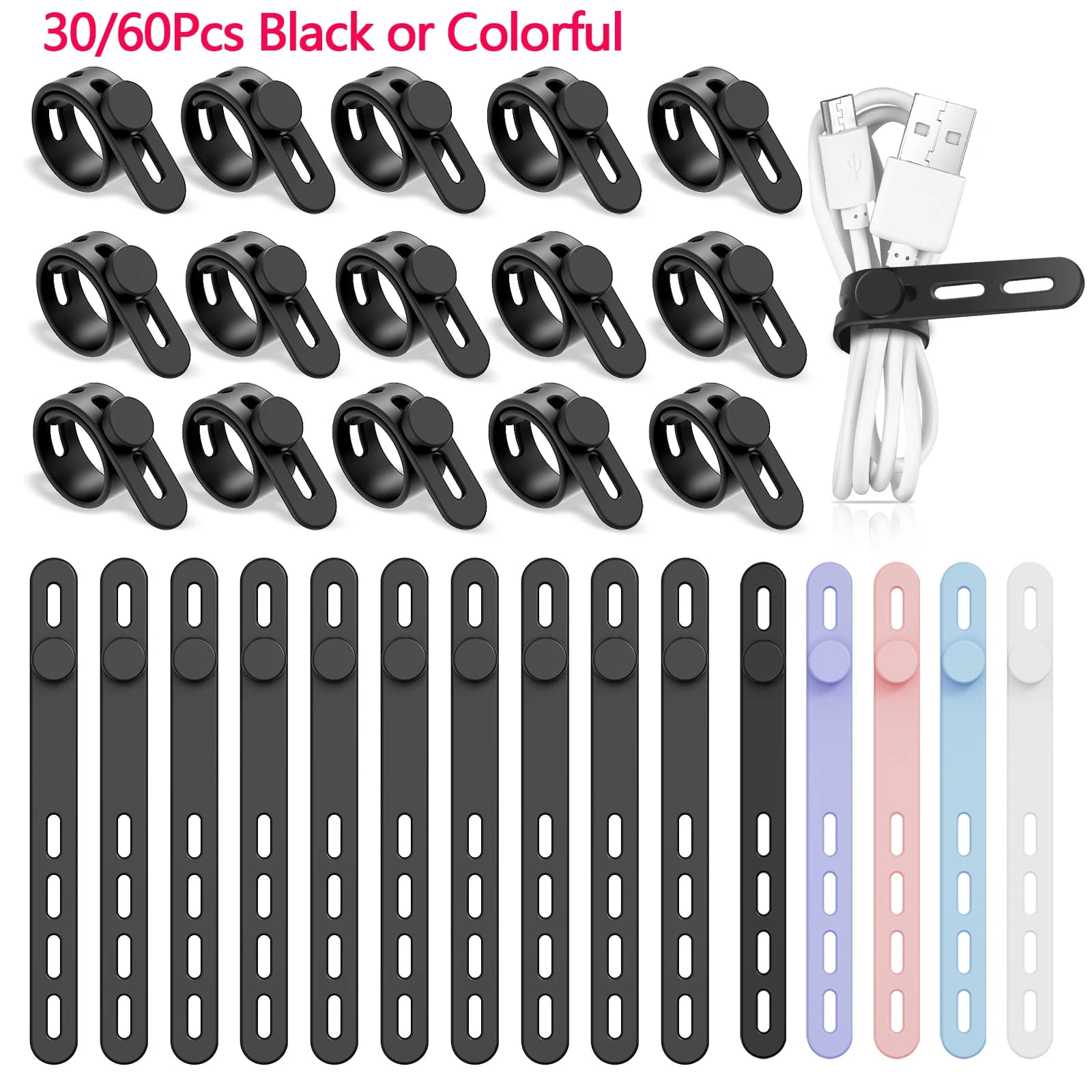 30/60 pezzi fascette in silicone organizzatore di cavi fascette per cavi regolabili nere riutilizzabili gestione dei cavi organizzatore di cavi di fissaggio