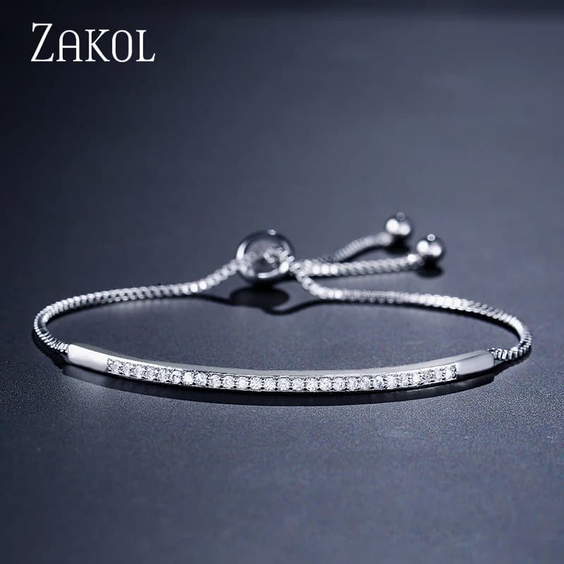 ZAKOL Bracciale a catena regolabile con zirconi di cristallo rotondo semplice, colore oro bianco, gioielli di moda, regali di compleanno per le donne