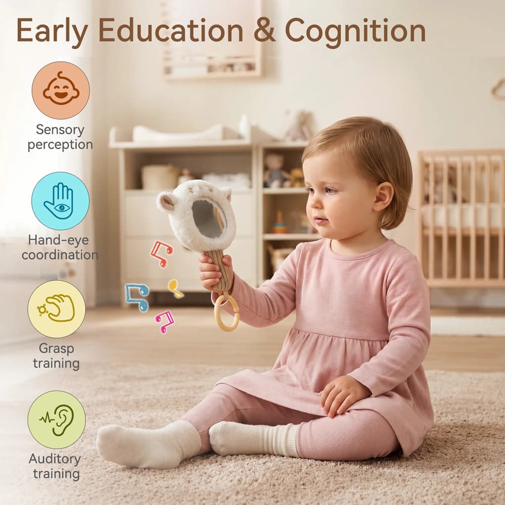 Baby Toys Mirror Sensory Newborn Gift Plush Bunny Handheld Mirror Rattle Toys High Definition Mirror Built in Bell Detachable