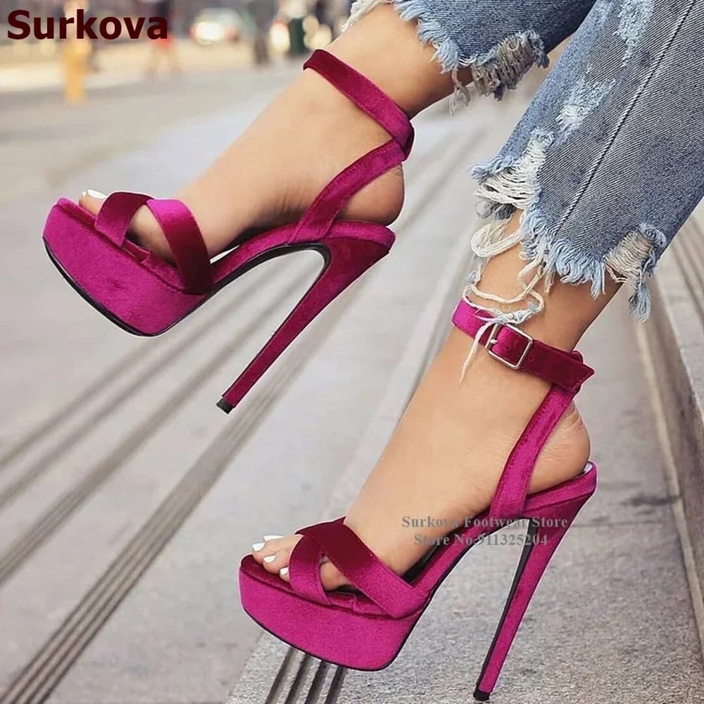 Surkova Platform Sandals Magenta Velvet stiletto heel Elegant shoes with cross strap Luxury wedding décolleté Size 46
