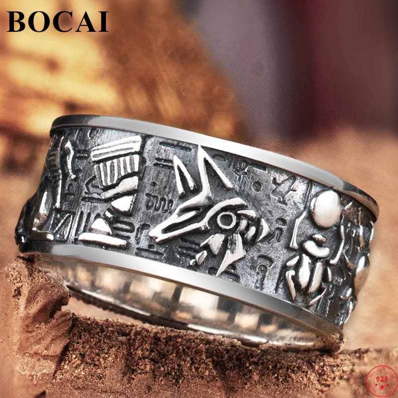 BOCAI S925 Anelli in argento sterling per uomo Donna Retro i dei del modello egiziano in rilievo Argentum Punk Commercio all'ingrosso di gioielli