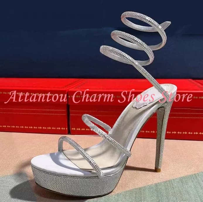 New Women's Sandals with Snake Strap and Crystals, Fashionable Snake, Gladiator Sandals with Plateau, Sexy Ceremony Shoes and Feast