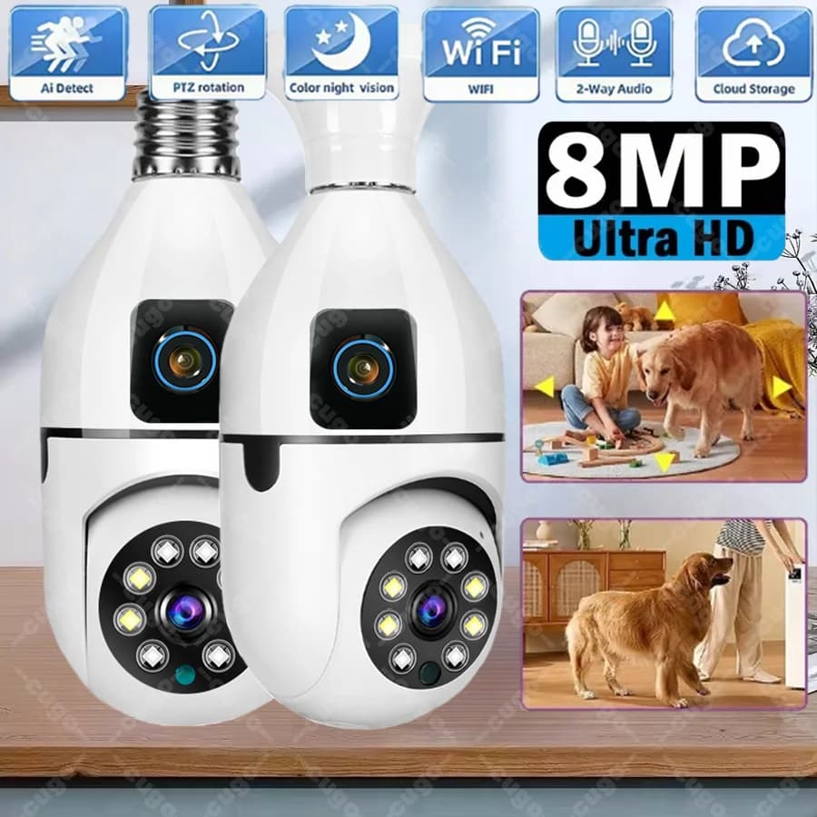 Telecamera IP WiFi E27 con Lampadina, 8MP, Monitor Wireless per Bambini, Tracciamento AI, Videosorveglianza di Sicurezza, Telecamere per Animali Domestici 5MP, SmartLife per Interni
