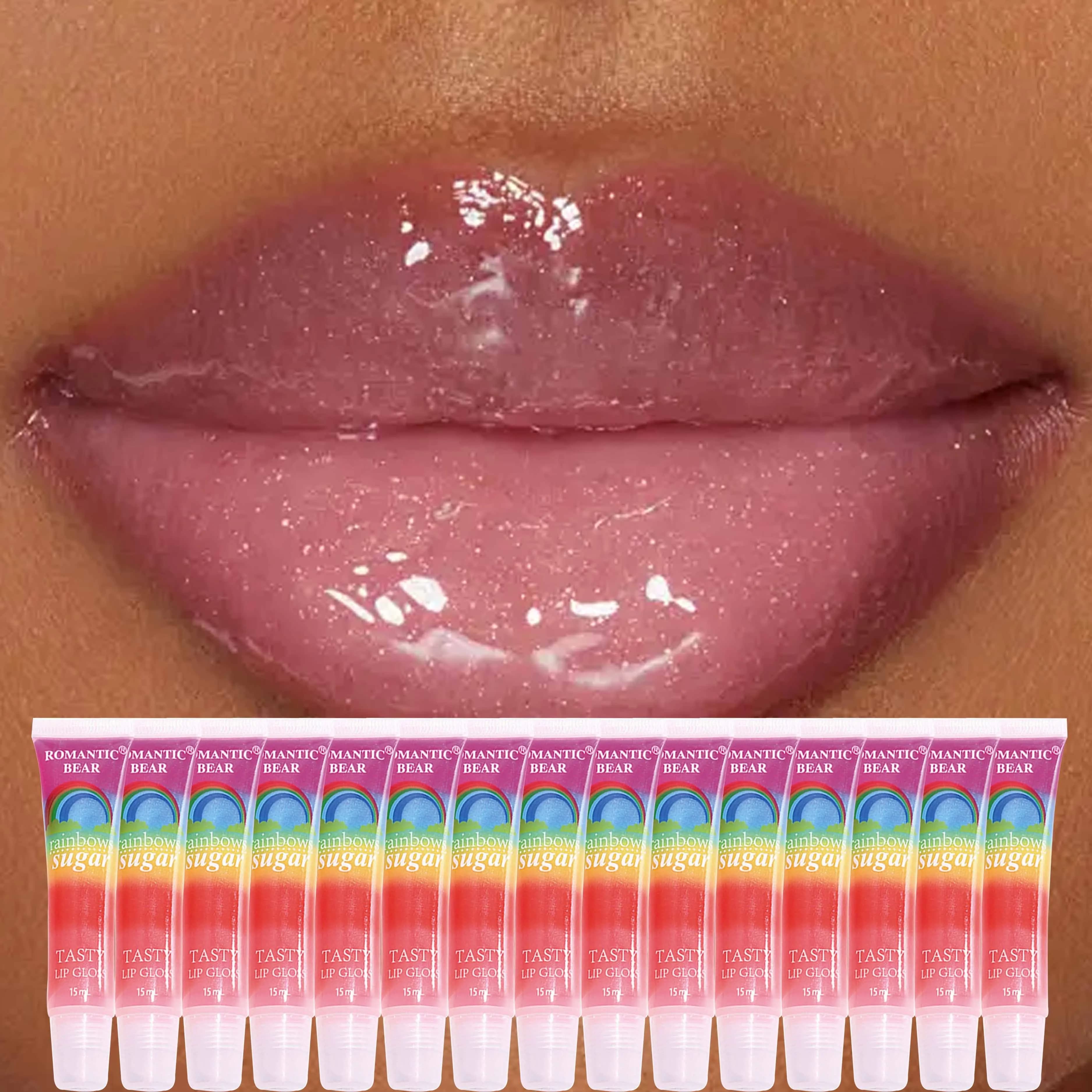 15 pieces of pearly rainbow lip gloss, rainbow jelly lip gloss, sparkling lips, moisturize the skin of the lips, keeping them moisturized and nourished.