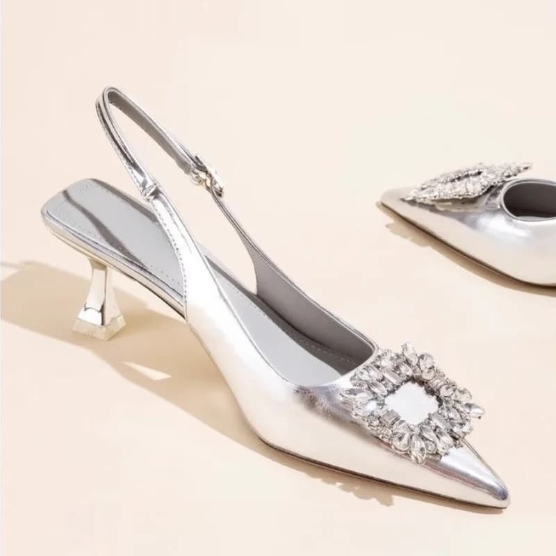 Women's Summer Sandals Women's New Shoes Pointed Toe Low Shoes with Pink Diamonds Naked Low Heel Women's Elegant Shoes With Back Strap
