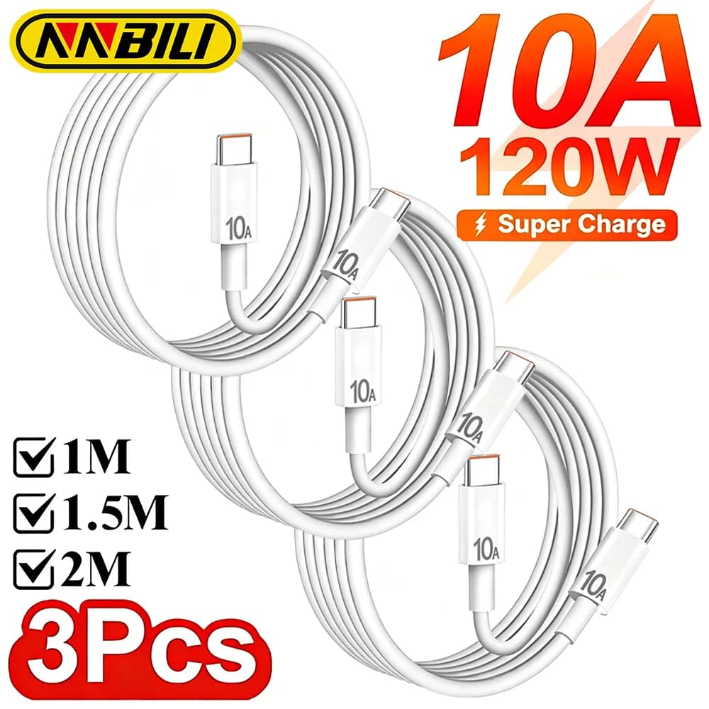 NNBILI 3 pcs universal 120W 10A fast charger PD double type C fast charging cable data for iPhone 16 17 Samsung HUAWEI