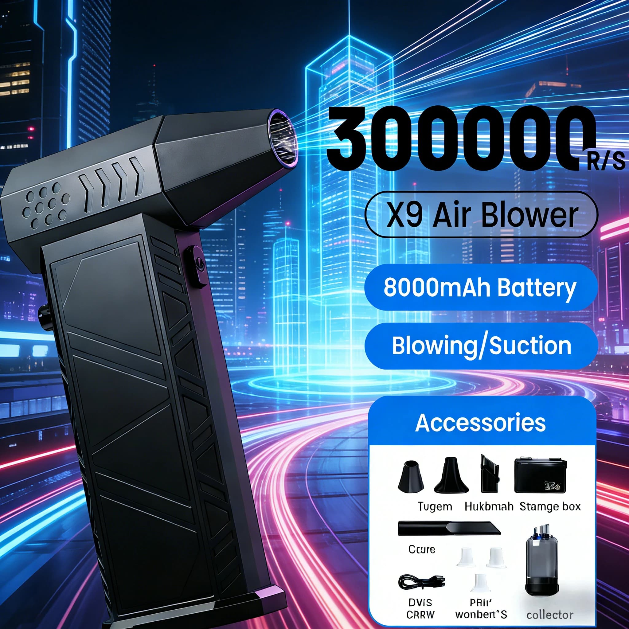 X9 Turbo Jet Blower – Aspirapolvere e soffiatore d'aria 2-in-1 senza spazzole da 300.000 RPM per la pulizia di PC, tastiere e auto