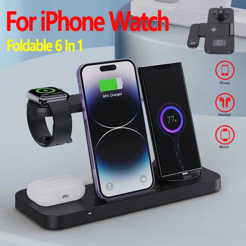 6 In 1 Foldable Wireless Charger Support for iPhone 15 14 13 12 11 X Apple Watch 8 7 6 5 4 3 2 Airpods Dock Station Quick Charging
