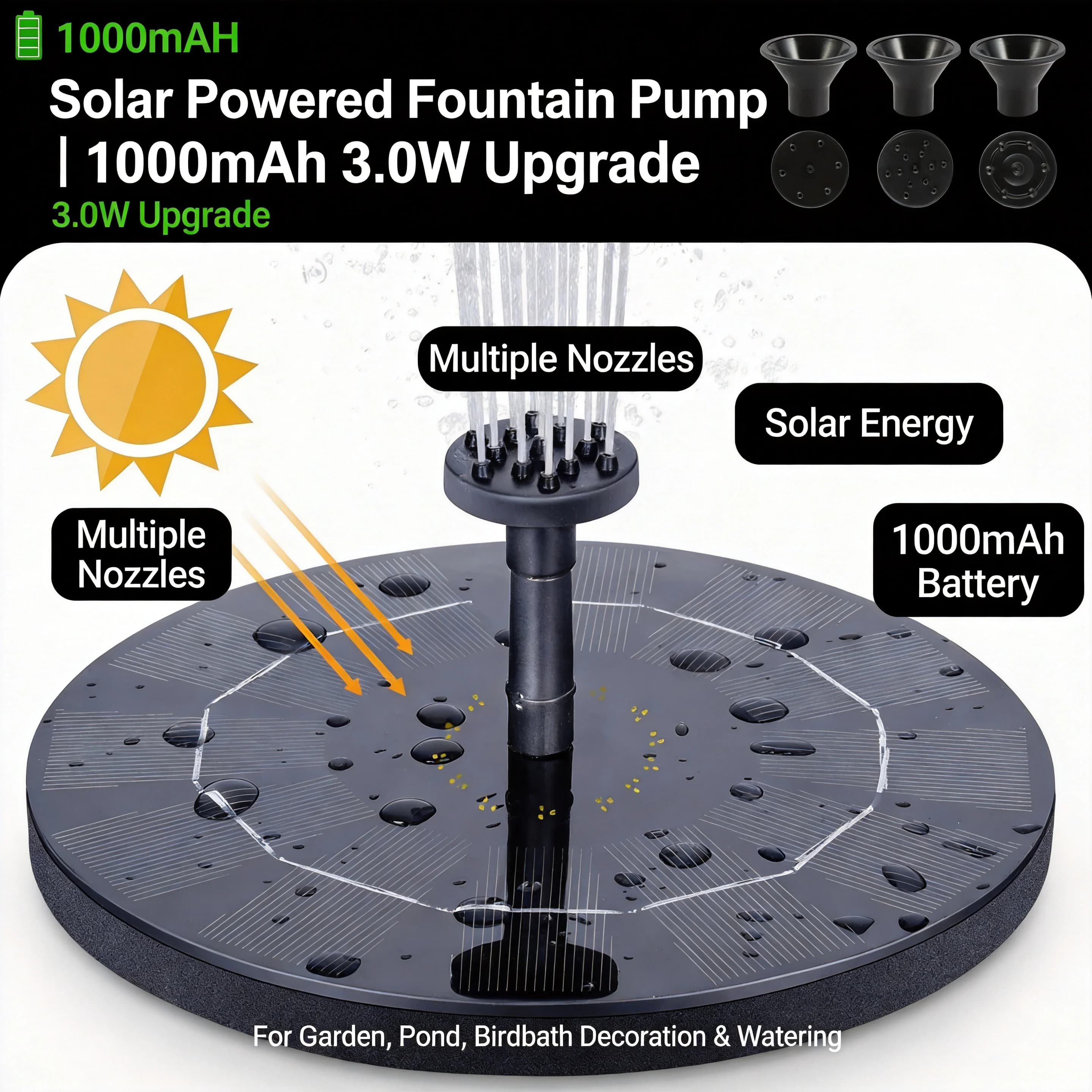 Pompa Solare per Fontana - Fontana Galleggiante con Pannello Solare e 6 Ugelli - Per Decorazione di Giardini, Piscine e Laghetti Esterni
