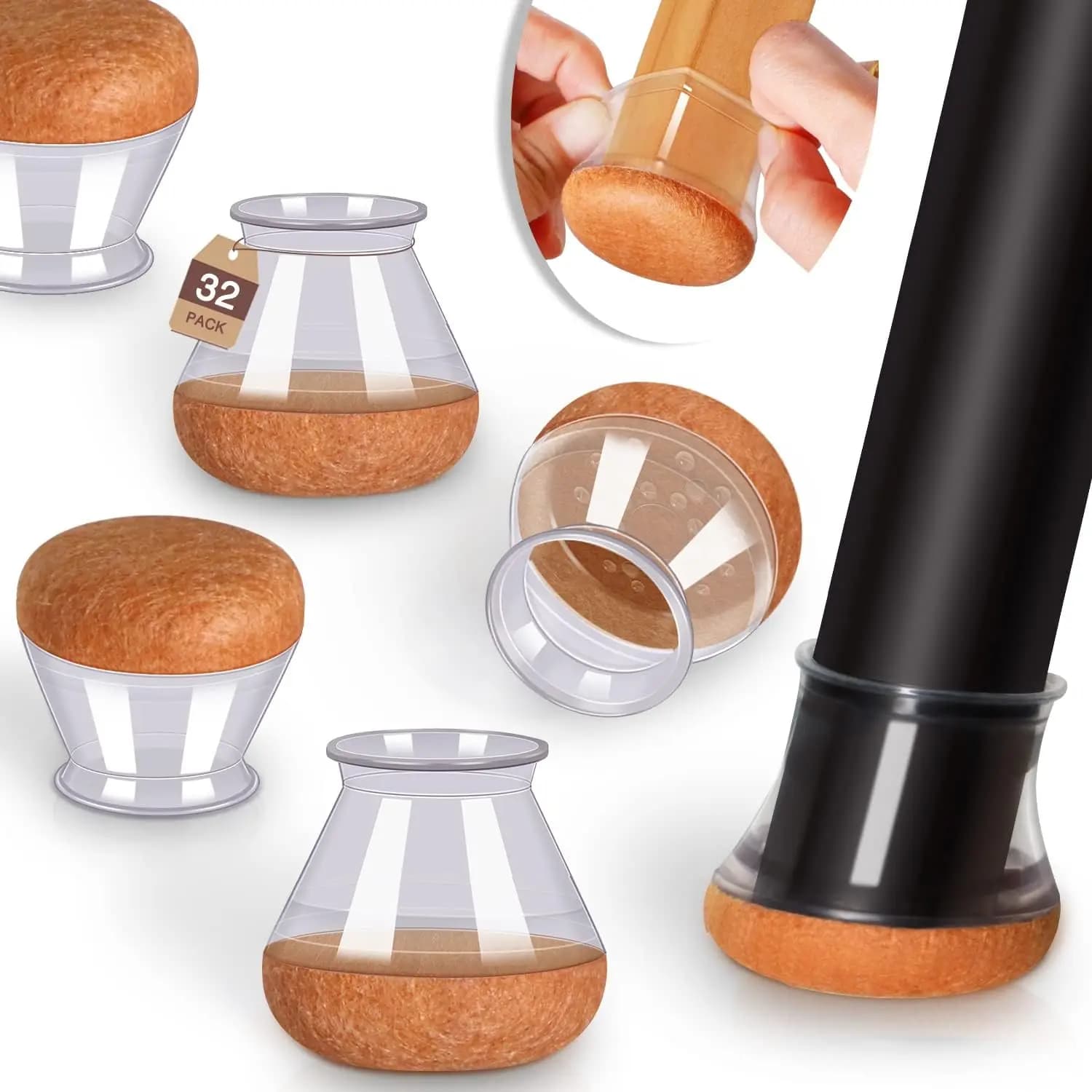 Pack of 24 new feet for hardwood chairs, floor protections, felt, for furniture, silicone plugs, anti-slip, noise reduction, transparent, round, medium size 3. 0/4 inches ~1-3. 0/16 inches (19-30 mm), small size 1. 0/2 inches ~ 3. 0/4 inches (14~19 mm), large size 1-3. 0/16 inches ~1- 5. 0/8 inches (30~40 mm)