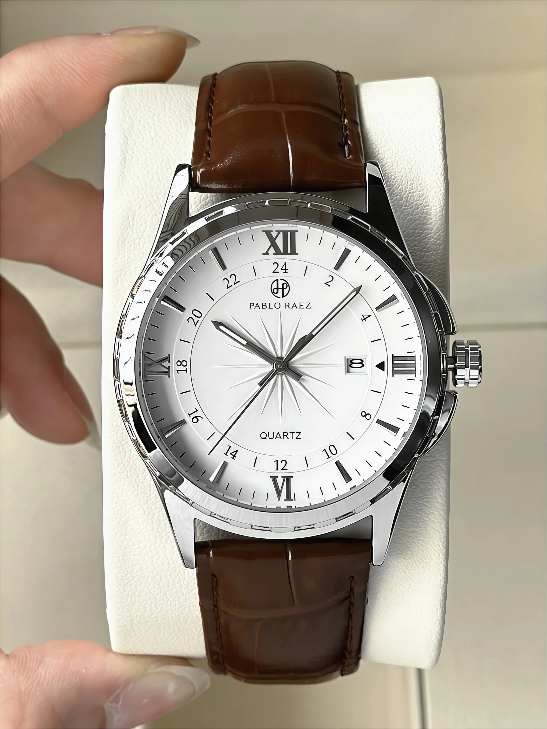 PABLO RAEZ Brand Men's Watch with Real Photos, Business Watches with Leather Strap, Waterproof, Men's Fashion Quartz Watch