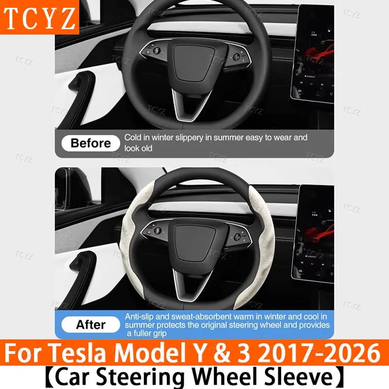 Suede & Nappa Leather Steering Wheel Cover for Tesla Model 3/Y/Juniper/Highland 2026 –Anti-Slip Breathable Protector Accessories
