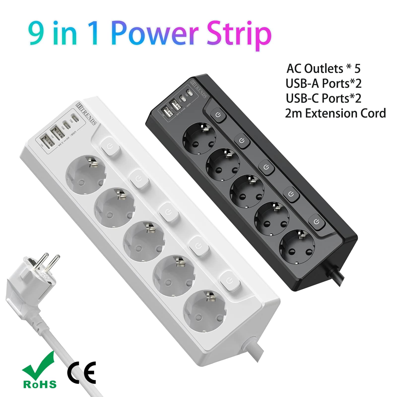 Spina UE a 5 vie Presa di corrente multifunzionale, presa multipla con 2 USB e 2 cavi di tipo C da 2 m per smartphone